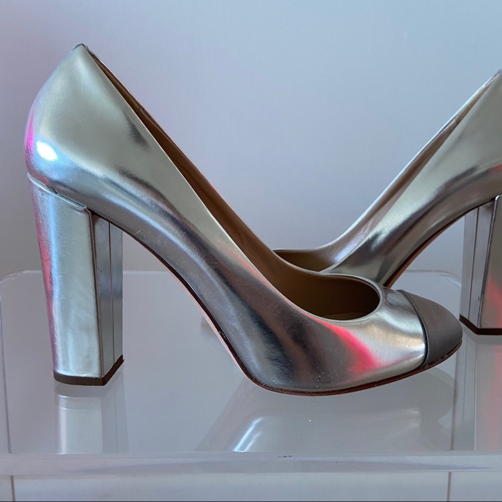 J.Crew Platinum Silver Stacked Heel Pump. Size 8